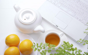обоя еда, напитки, Чай, апельсины, заварник, ноутбук, чашка, чая