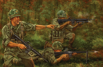 Картинка рисованные армия винтовка м-16 солдаты джунгли вьетнам стрельба вс сша