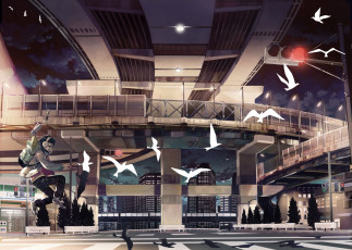 Картинка аниме -headphones+&+instrumental фонари светофор парень птицы наушники город ночь мост дома переход