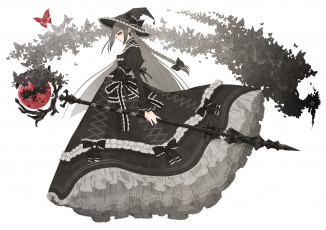 Картинка аниме halloween+&+magic бант шляпа посох белый фон арт девушка бабочки платье