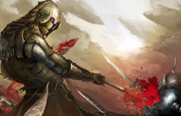 Картинка фэнтези люди воины рыцари сражение доспехи шлемы кровь меч