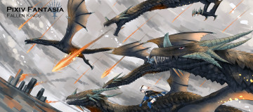 Картинка аниме pixiv+fantasia пламя огонь летят небо драконы город обстрел