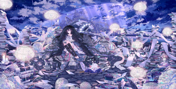 Картинка аниме -angels+&+demons кошка облака небо книги фонари свитки стопки лучи тетради свет свечи город арт чёрные крылья брюнетка девушка