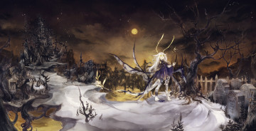 Картинка аниме -angels+&+demons корявые деревья кинжал руины ночь луна замок кладбище монстр девушка