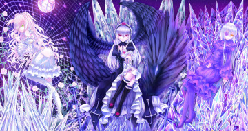 обоя аниме, rozen maiden, ангел, кристаллы, паутина, девушки, взгляд, крылья