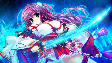 обоя аниме, -weapon,  blood & technology, девушка, грудь, меч