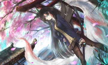Картинка аниме -weapon +blood+&+technology девушка брюнетка арт деревья сумка цветение сакура хвост меч взгляд