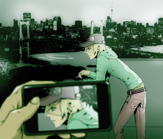 Обои картинки фото аниме, *unknown , другое, парень, город, телефон, кепка