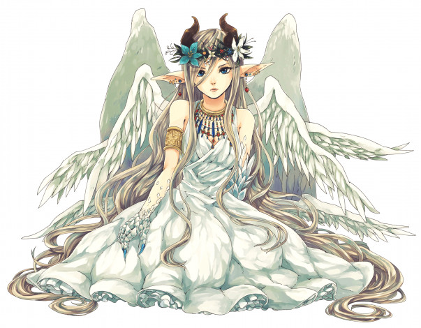 Обои картинки фото аниме, -angels & demons, белый, фон, цветы, ушки, арт, ангел, девушка