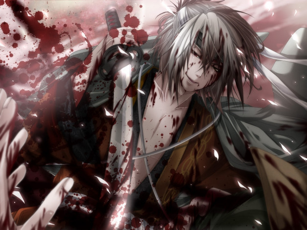 Обои картинки фото аниме, hakuoki, меч, кровь, парень