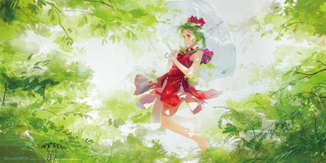 Обои картинки фото аниме, touhou, девушка, дождь, растения, зелень, зонт