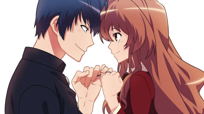 Обои картинки фото аниме, toradora, парень, takasu, ryuuji, aisaka, taiga, взгляд, пальцы, кольца, девушка, пара