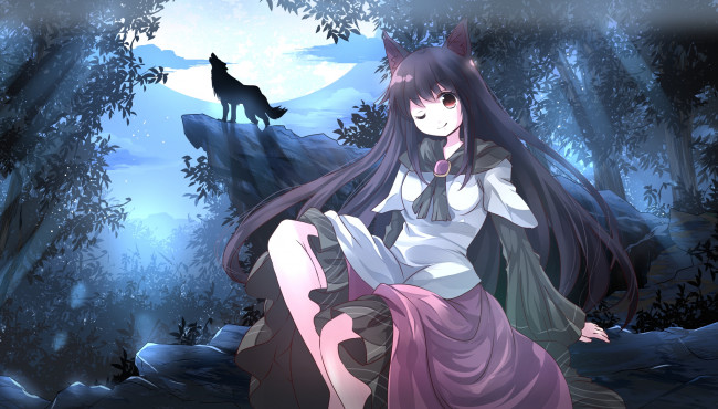 Обои картинки фото аниме, touhou, ночь, волк, девушка, полнолуние, луна, лес