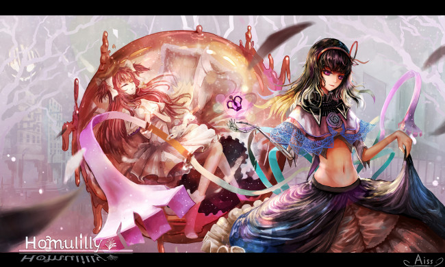 Обои картинки фото аниме, mahou shoujo madoka magika, рыжая, брюнетка, шар, девушки, кости, рука