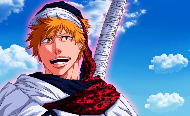 Обои картинки фото аниме, bleach, взгляд, kurosaki, ichigo, рыжий, shinigami, небо, парень, облака