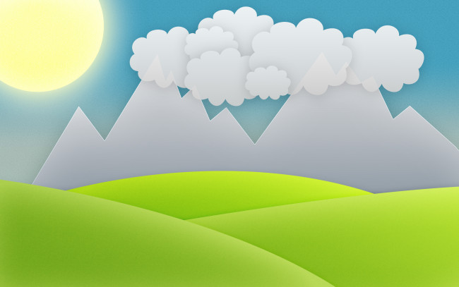 Обои картинки фото рисованные, минимализм, небо, солнце, горы, облака, трава