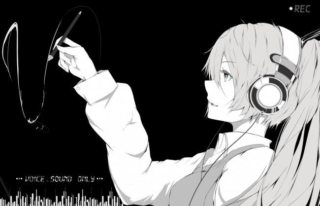 Обои картинки фото аниме, -headphones & instrumental, чёрно-белая, девушка, кисточка, наушники