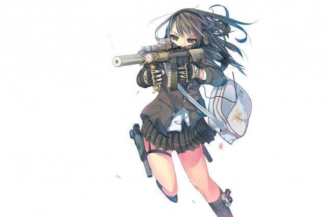 Обои картинки фото аниме, -weapon,  blood & technology, арт, девушка, оружие, сумка, брюнетка, белый, фон