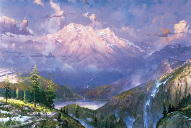 Обои картинки фото twilight vista, рисованные, thomas kinkade, природа, горы, снег, озеро