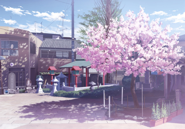 Обои картинки фото аниме, *unknown , другое, улица, дерево, дома, небо, облака, сакура