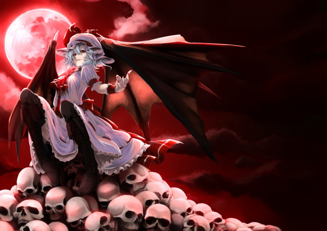 Обои картинки фото аниме, touhou, черепа, девушка, демон, красная, луна