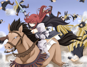 обоя аниме, fairy tail, девушка, арт, лошадь