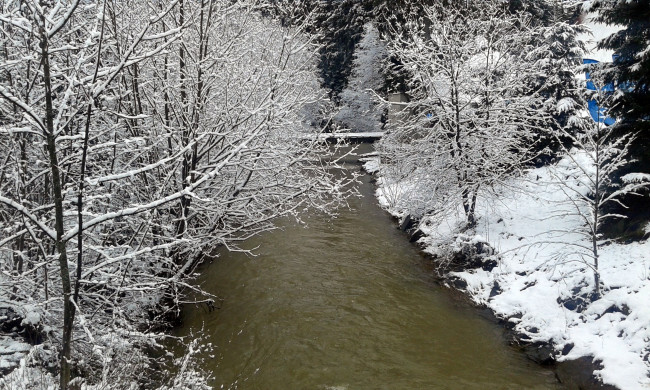 Обои картинки фото природа, зима, ручей, деревья, снег