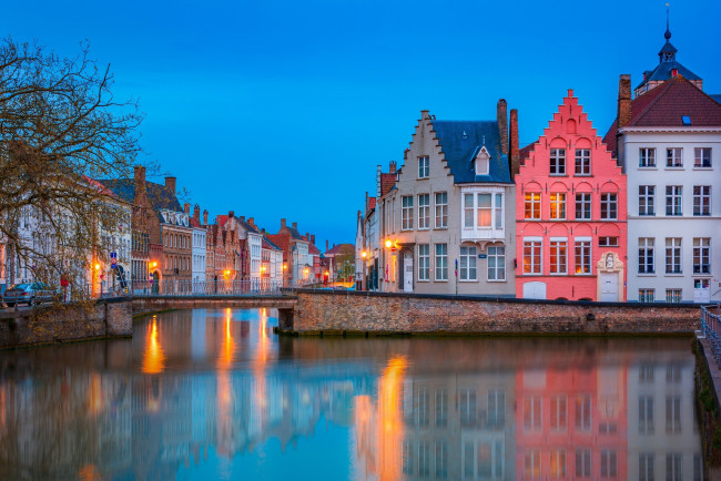 Обои картинки фото города, брюгге , бельгия, канал, мост, вечер, огни