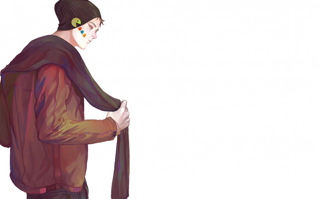 Обои картинки фото аниме, unknown,  другое , парень, шапка, шарф, пакмен