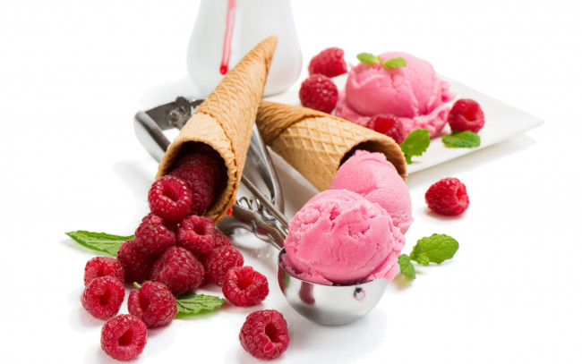 Обои картинки фото еда, мороженое,  десерты, малина, мята