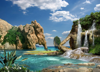Картинка фэнтези пейзажи кони фламинго лощади море скульптура водопад
