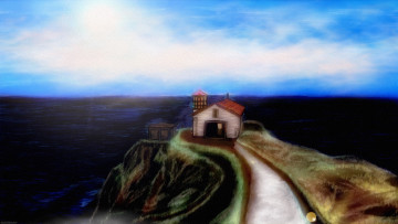 Картинка рисованные природа дом дорога море