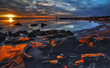 Картинка природа восходы закаты закат камни море берег побережье солнце