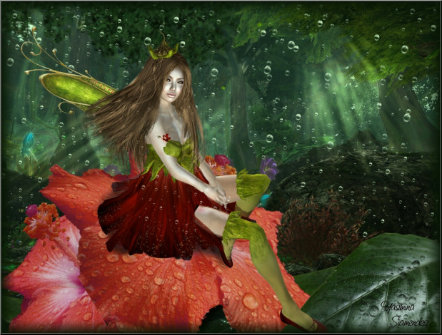 Обои картинки фото 3д, графика, fantasy, фантазия, цветок, крылья, лес, фея