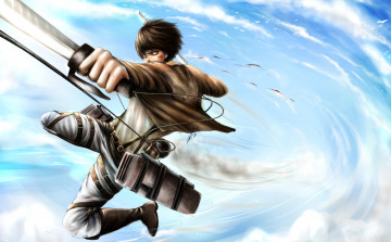 Картинка аниме shingeki+no+kyojin прыжок оружие парень eren jaeger shingeki no kyojin attack on titan небо