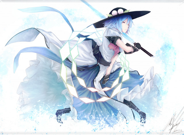 Обои картинки фото аниме, touhou, магия, оружие, катана, art, marumoru, снег, девушка, hinanawi, tenshi