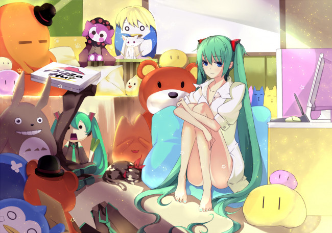 Обои картинки фото аниме, vocaloid, зелёные, волосы, игрушки, девушка, арт, hatsune, vokaloid, miku