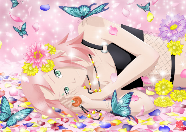 Обои картинки фото аниме, naruto, арт, сакура, харуно, цветы, девушка, лежит, бабочки, розовые, волосы