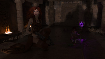 Картинка 3д+графика фантазия+ fantasy девушка взгляд фон оружие камин