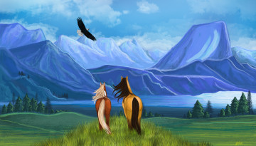 Картинка рисованное животные +лошади природа деревья облака орел лошади горы