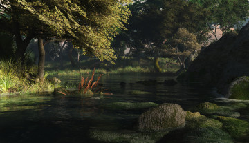 Картинка 3д+графика природа+ nature река деревья камни