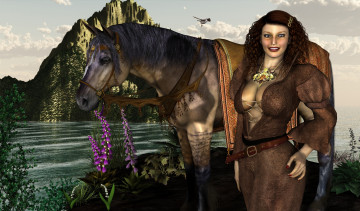 Картинка 3д+графика люди+ people девушка взгляд фон улыбка лошадь горы река птица цветы облака