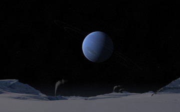 Картинка 3д+графика атмосфера настроение+ atmosphere+ +mood+ кольца гейзеры тритон нептун звёзды солнечная система газовый гигант небо поверхность ночь холод снег