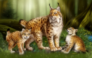 Картинка рисованное животные +рыси лес кошки рысь котята семья дети