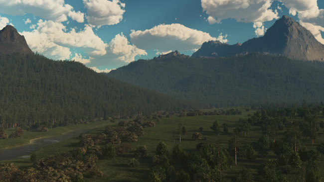 Обои картинки фото 3д графика, природа , nature, облака, горы, река, лес, долина
