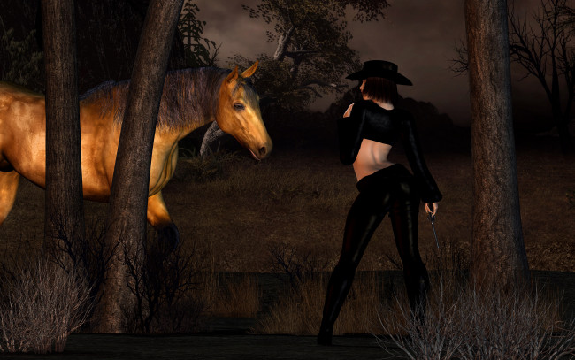 Обои картинки фото 3д графика, люди , people, девушка, взгляд, фон, лошадь, лес, ночь