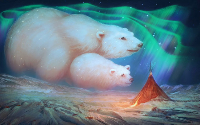 Обои картинки фото рисованное, животные,  медведи, marilucia, медведи, снег, горы, северное, сияние