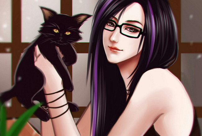Обои картинки фото рисованное, люди, gattoshou, oshirockingham, девушка, кот, черный