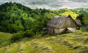 обоя румыния, города, - пейзажи, сено, трава, постройка, холмы, деревья