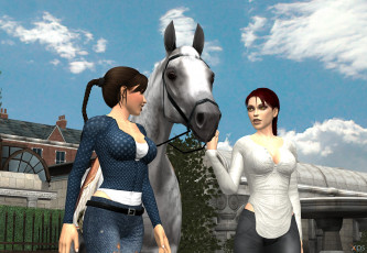 Картинка 3д+графика люди+и+животные+ people+and+animals девушки взгляд фон лошадь